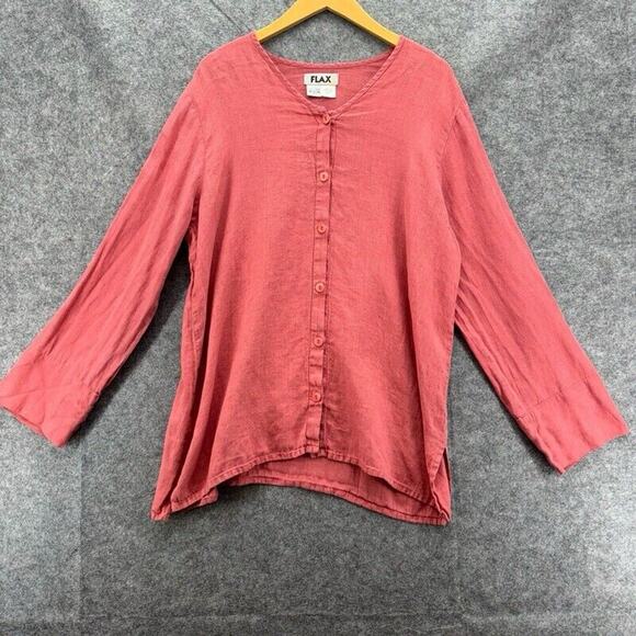 FLAX Womens Linen Button Up Top Size Medium Pink Long Sleeve Lagenlook Beachy - Picture 2 of 8